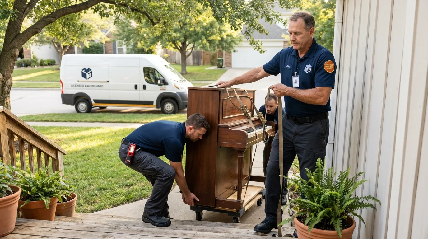 Licensed piano movers securing grand piano in Pamplico, SC