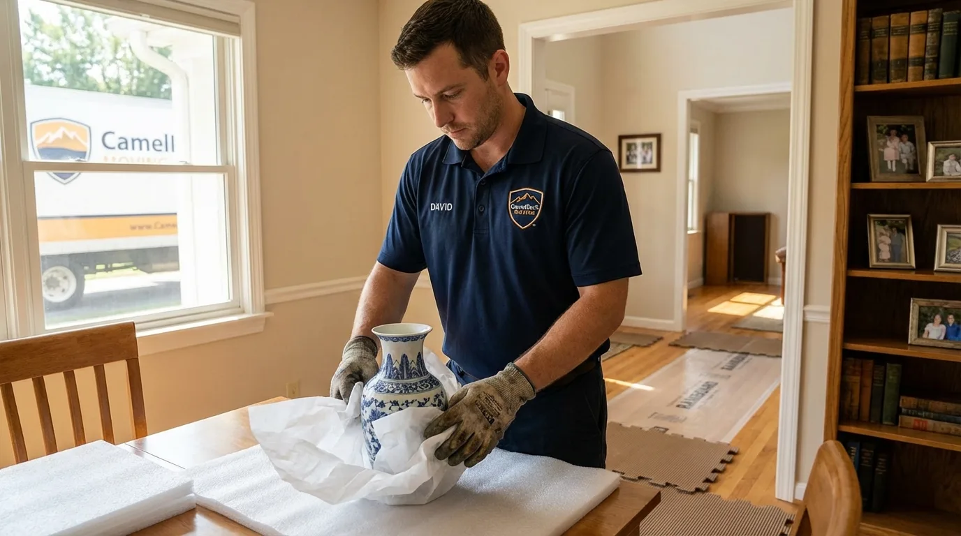 Professional crew carefully wrapping antique vase for senior downsizing move in Pamplico, SC